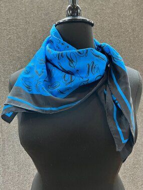 31x32.5 square 100% silk scarf royal blue black trim black cursive letters